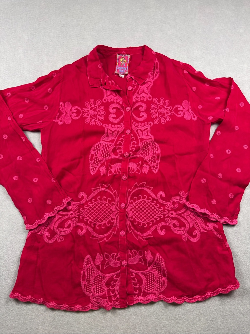 Johnny Was RUNSWICK LENNY Small Button Tunic Shirt Red Pink Embroidered Boho